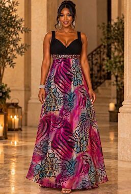 Faviana New York 18W Black Animal Print Chiffon Gown Beaded Sequin Sweetheart